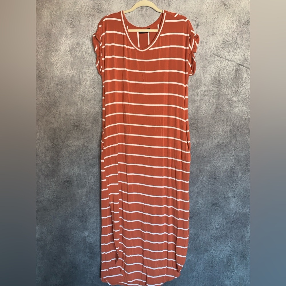 Rust Striped Maxi Dress with Short Rolled Sleeves